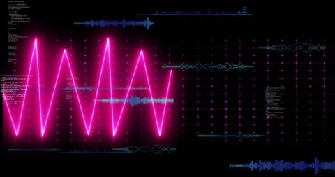 Magenta waveform starting from left peak extending fading across dots showing Stock Footage 328266028
