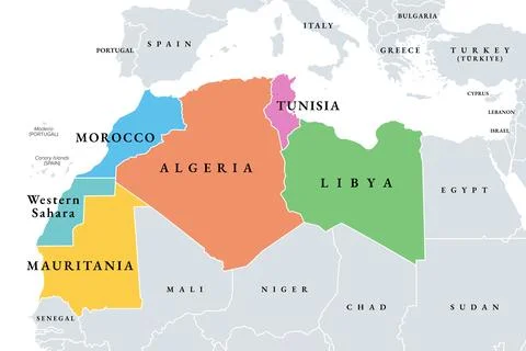 Maghreb, Arab Maghreb, or Northwest Africa, colored political map Stock Illustration
