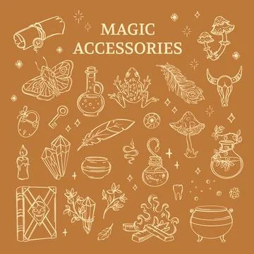 MAGIC ACCESSORIES Witchcraft Esoteric Astrology Sketch Set Stock Illustration