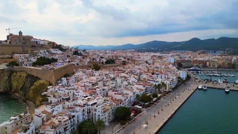 Magic aerial top view flight drone. Harbor Port promenade city Ibiza Town Spain Vídeo Stock 256183475