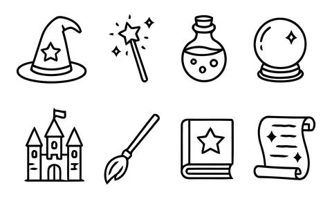 Magic and Fantasy wizard hat star wand potion crystal ball Stock Illustration