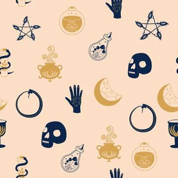 Magic and heaven seamless pattern, with magical elements such as snake, eye,  イラスト素材
