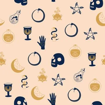 Magic and heaven seamless pattern, with magical elements such as snake, eye.. 스톡 일러스트