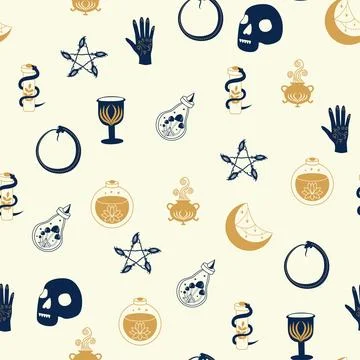 Magic and heaven seamless pattern, with magical elements such as snake, eye.. Stock Illustration
