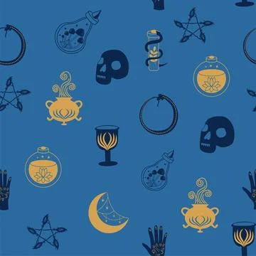 Magic and heaven seamless pattern, with magical elements such as snake, eye.. 库存插图