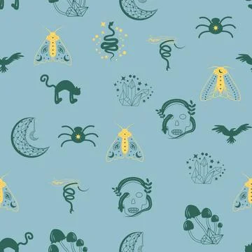 Magic and heaven seamless pattern, with magical elements such as snake, eye.. Stock Illustration