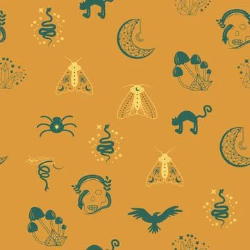 Magic and heaven seamless pattern, with magical elements such as snake, eye,  イラスト素材