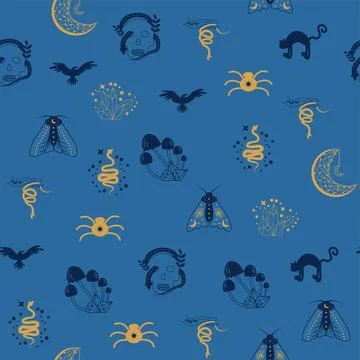 Magic and heaven seamless pattern, with magical elements such as snake, eye.. Stock Illustration