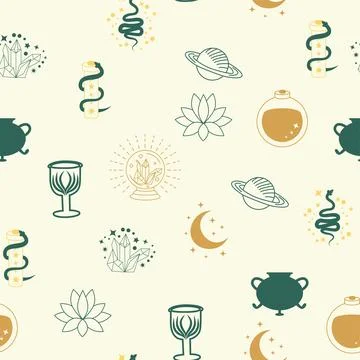 Magic and heaven seamless pattern, with magical elements such as snake, eye,  Stock Illustration