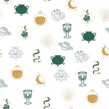 Magic and heaven seamless pattern, with magical elements such as snake, eye.. Stock Illustration