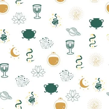 Magic and heaven seamless pattern, with magical elements such as snake, eye.. Stock Illustration