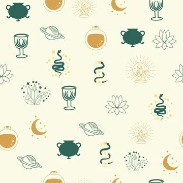 Magic and heaven seamless pattern, with magical elements such as snake, eye.. Illustrazione stock