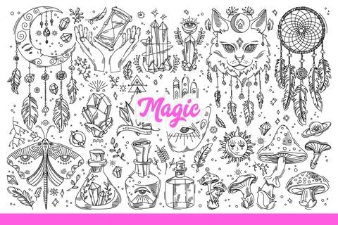 Magic and occult elements for esoteric rituals in otherworldly world. Hand drawn Stockillustratie