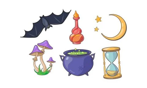Magic and spell signs set, Halloween magical elements, potion bottle, crescent Stock Illustration