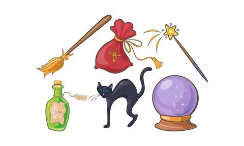 Magic and spell signs set, Halloween holiday magical elements, crystal ball Stockillustratie