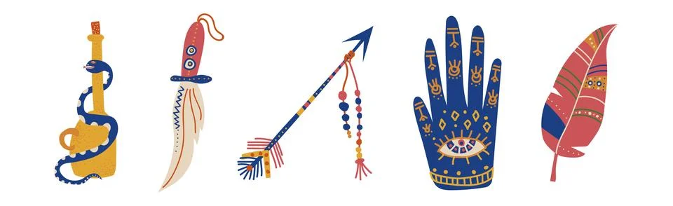 Magic and Witchcraft Object and Spiritual Element Vector Set Stock Illustration