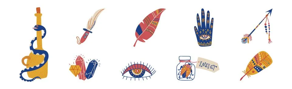 Magic and Witchcraft Object and Spiritual Element Vector Set Stock Illustration