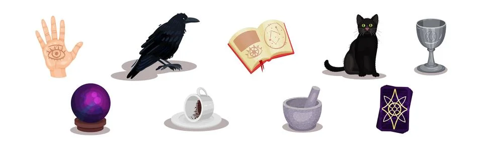 Magic and Wizardry Objects and Elements Vector Set Illustrazione stock