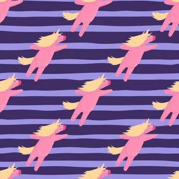 Magic animal seamless doodle pattern with pink unicorn ornament. Purple strip イラスト素材