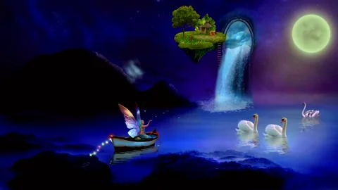 Magic appearance of fairy from a conflagrant splash on water, at dark night Stock Footage 224891383