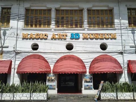 Magic Art 3D Museum facade with red awnings in Jakarta Old Town. Stock Photos