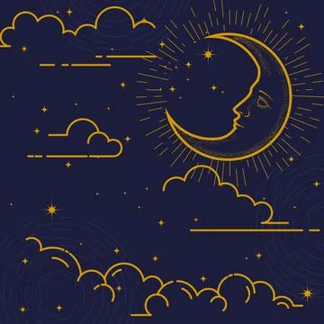 Magic background with constellations, crescent, clouds and stars, mystical es Stock-Illustration