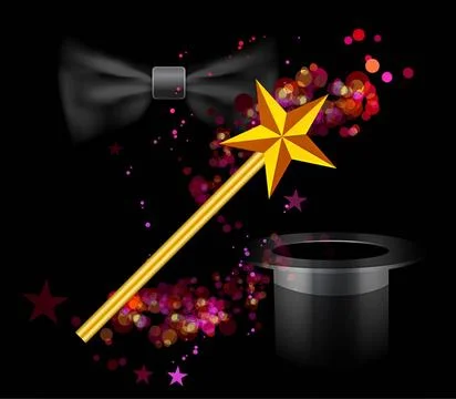 Magic background Magic background with wand, bow and hat on black. Vector ... Foto stock