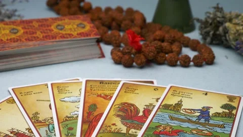 Magic background, tarot cards and magic attributes on the table Stock-Footage 134371343