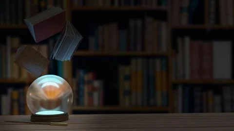 The Magic ball on wood table  in library 3d rendering. Illustrazione stock