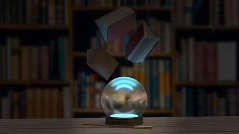 The Magic ball on wood table  in library 3d rendering. Illustrazione stock