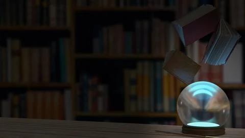 The Magic ball on wood table  in library 3d rendering. Illustrazione stock
