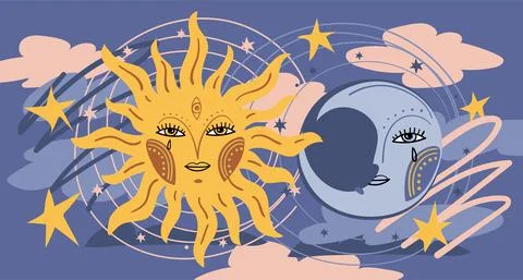 Magic banner for astrology, celestial background with sun and moon with a face Stock Illustration
