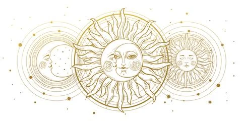 Magic banner for astrology, divination, magic. Golden crescent and sun with a Stock Illustration