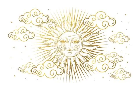 Magic banner for astrology, tarot, boho design. Universe, golden sun with face Illustrazione stock