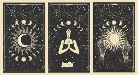 Magic banner with sun, moon and meditating woman, set of tarot cards, celestial Stock Illustration