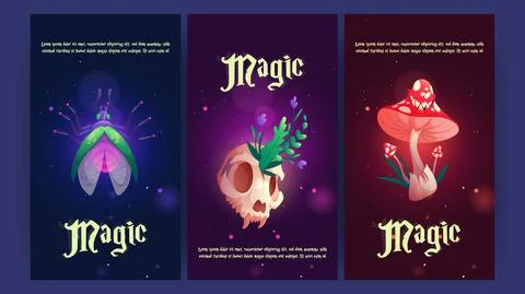 Magic banners with fly, animal skull, and mushroom Stock Illustration
