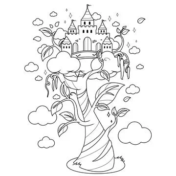 Magic beanstalk and castle. Vector black and white coloring page. Ilustração Stock