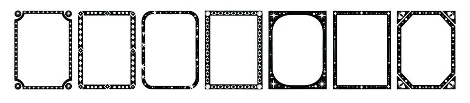 Magic black frame set, hand drawn star tarot card border stamps イラスト素材