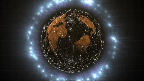 Magic blockchain planet with electric lights around it. イラスト素材