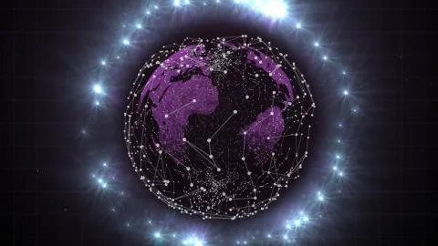 Magic blockchain planet with electric lights around it. イラスト素材