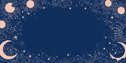Magic blue background with moon and sun, crescent moon, place for text. Astro Illustrazione stock
