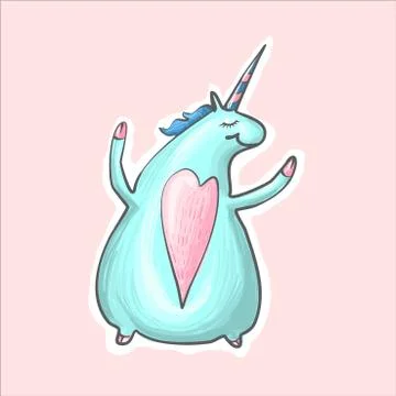 The magic blue cute funny fat unicorn with heart dancing. Alikorn. Pegasus Stock Illustration
