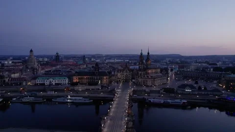 Magic Blue Hour Dresden Drone Panning Shot Stock Footage 255184237