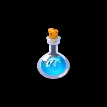 Magic blue potion flask, vector glass bottle with a corkwood plug and elixir Stock Illustration