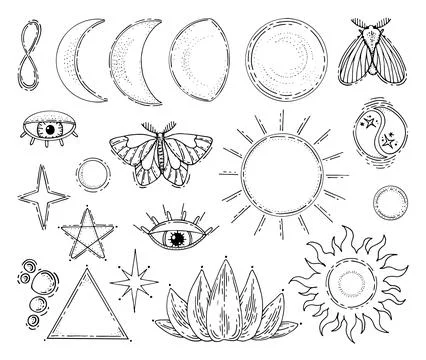 Magic bohemian set doodle illustrations. Vector hand drawn symbols. Witch sig Stock Illustration
