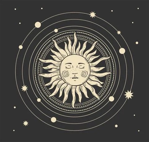 Magic boho card of the sun. Heavenly tattoo for astrology with the heavens and Stock Illustration