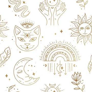 Magic boho symbols seamless pattern. Golden minimal line art. Stock Illustration
