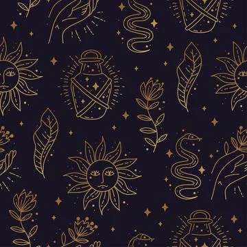 Magic boho symbols seamless pattern. Golden minimal line art. Stock Illustration
