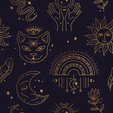 Magic boho symbols seamless pattern. Golden minimal line art. 스톡 일러스트