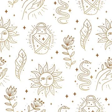 Magic boho symbols seamless pattern. Golden minimal line art. 스톡 일러스트